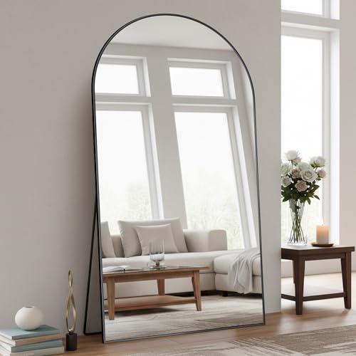 Image of Full Length Mirror, 86 inchx46 inch Arched Floor Mirror Freestanding, Floor Standing Full Body Mirror with Stand for Bedroom, Hanging Mounted for Living Room Cloakroom, Black