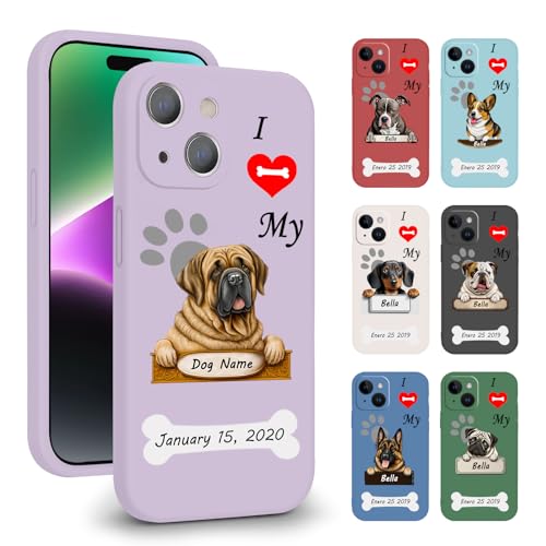VNGDA Custom Pet Name I Love My Spanish Mastiff Dog Phone Case for iPhone 15 14 Pro Max 13 12 11 Xs Max Xr SE3 8 7 6 Plus 11 Pro Mini，Liquid Silicone with Camera Protection Cover for Dog Lover