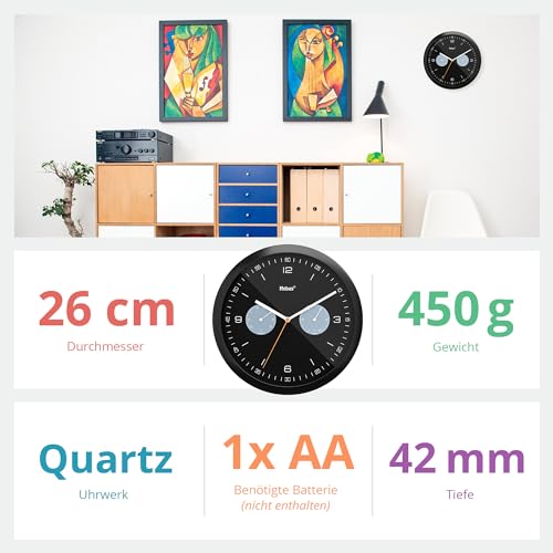 Mebus Quartz Wall Clock with Thermometer and Hygrometer/Plastic/Round/Model: 16100 / Colour: Black/Diameter 26 cm - Image 4