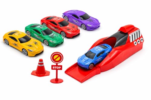 Image of Royals hub Big Size Rapid Launcher High Speed Car Set of 4PCS Die-Cast Metal Car Set Stunt Car Master Racer with High-Speed Launcher Includes 3 Road Blockers 1 Stopper Birthday Gift for Boys Girls 3+