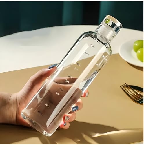 Image of Borosilicate Glass Water Bottles with Cap, Transparent Water Bottle 1 litre Glass Motivational Bottle with Time Marker Cute Glass Milk Juice Drinking Bottles for Women (Transparent 1000ml)