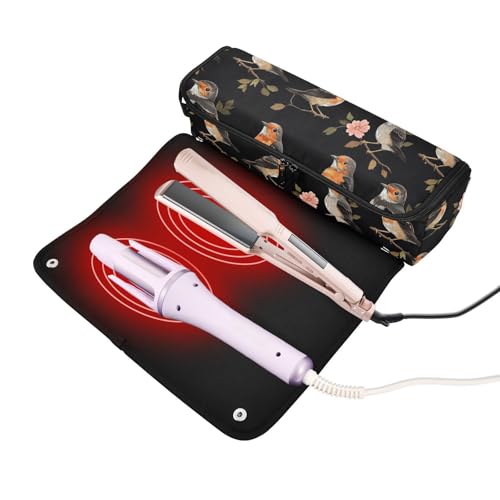 Cute Birds Black 2 in 1 Hair Tools Organizer with Removable Heat Resistant Mat Portable Travel Carrying Case for Curling Iron Straightener Flat Hair Dryer Hair Accessories Organizer miniatura 2