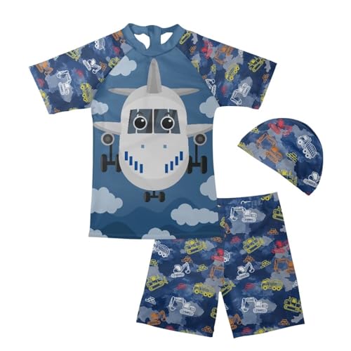 Yruonazao Cartoon Aircraft Swimming Suit for Boys Rash Guard Swim Set 3 Piece Zip Rashguard Swim Shirt and Bathing Suit Trunk Swim Cap 12T Summer Infant Beach Swimwear Surfing Holiday Pool Party