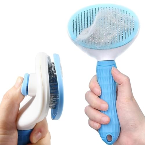 Image of Pet Dog Hair Brush for Shedding Indoor Kitten Comb Grooming And Care Slicker Brush Stainless Steel,Cat Hair Brush for Long Hair Removal,Self Cleaning Rabbit Puppy Dogs Grooming Massaging Tool (Blue)