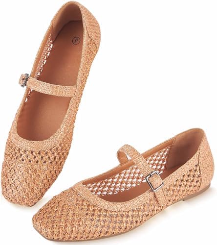 Knit Flats for Women Square Toe Ballet Flats with Strap, Washable Women Dressy Ballet Mary Jane Shoes for Work Office Casual Knit Slip On Shoes Low Heel