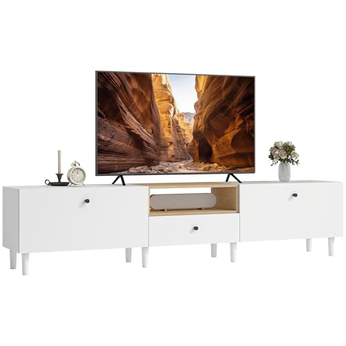 HOMCOM TV Schrank 200 cm TV Board für Fernseher bis zu 90 Zoll TV Lowboard mit 2 Klapptüren, Schublade, Soft-Close-Scharnieren Fernsehtisch für Wohnzimmer Weiß