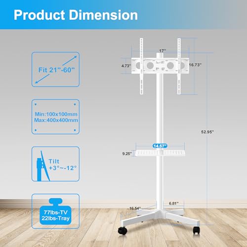 Image of Mobile TV Carts on Wheels for 21-60 Inch Flat /Curved Panel Screens TVs - Height Adjustable Floor Trolley Stand with Shelf Holds up to 77lbs - Max VESA 400x400mm, White
