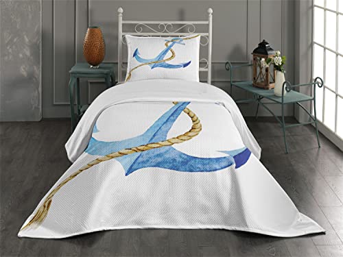 Ambesonne Anchor Coverlet, Watercolor Beach Things Coastal Design Ocean Adventure Journey, 2 Piece Decorative Quilted Bedspread Set with 1 Pillow Sham, Twin Size, Pale Blue Pale Coffee