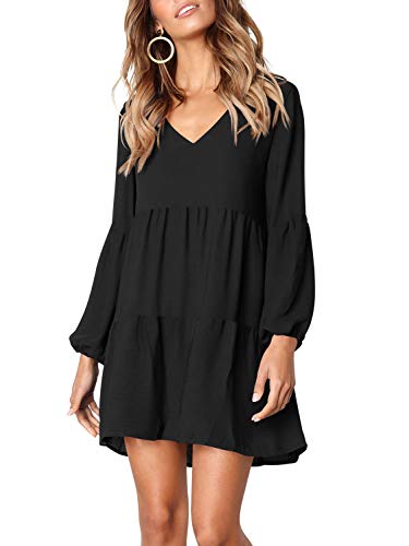 Amoretu Women's Deep V Neck Loose Shift Pleated Tunic Dress Long Sleeves Black S