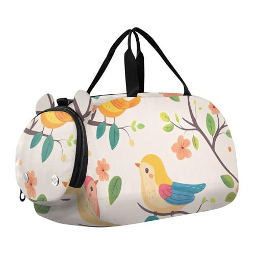 Cartoon Birds Duffle Bag for Girl, Sports Duffle Gym Bags with Shoe Compartment, Personalized Overnight Bag Travel Weekender for Kids