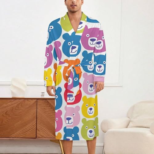 Colorful Bears Pattern Soft Robe Long Sleeve Bathrobes V Neck Sleepwear Spa Robes with Belt Men Woman2