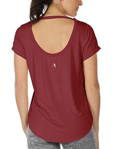 Image of icyzone Open Back Yoga Shirts for Women - Exercise Workout Tops, Athletic Short Sleeves, Running T-Shirts Loose Fit