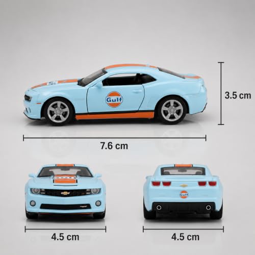 Image of Wizplex CCA Chevrolet Camaro SS Gulf 1:64 Officially Licensed Premium Die Cast Metal Car in Acrylic Display Case - Openable Doors, Collectible Muscle Coupe Showpiece for Collectors & Kids 3+