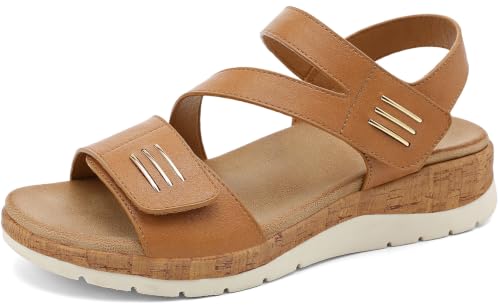 Image of UBFEN Womens Low Wedge Walking Sandals with Arch Support | Open Toe Sandals Adjustable Instep and Ankle Straps for Summer Everyday Outfits, Travel,Vacation