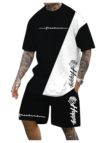 SOLY HUX Men's Tracksuits Color Block Print Short Sleeve Tee and Drawstring Shorts Summer 2 Piece Sets