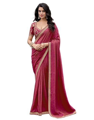 Image of SIRIL Women's Shimmer Silk Sequence Embroidery Lace two Tone Saree With Embroidery Unstitched Blouse Piece