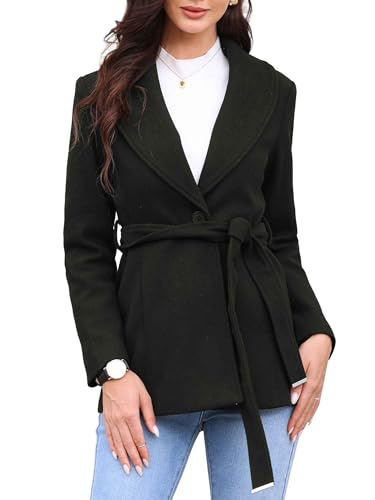 Allegra K Pea Coats for Women Lapel Collar One Button Winter Overcoat with Belt Trench Coat