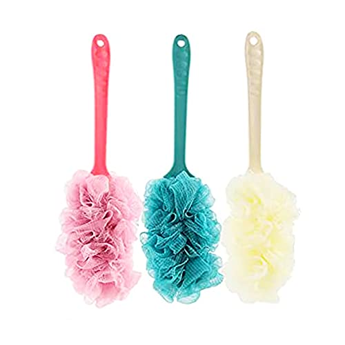 QYCX 3 Pcs Bath Brushes-Shower Ball Mesh Pouf Back Scrubber Loofah with Long Handle, Shower Rubbing Brush, Body Brush for Men and Women, Shower Sponges Back Brush for Adults Teens (Pink, White and Blue)