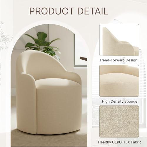 Image of KISLOT Upholstered Dining Chairs with Casters, No Assembly Modern Dining Room Chairs Accent Vanity Chair with 5 Wheels & Round Backrest for Bedroom, Living Room, Dressing, Sand Fabric, Set of 2