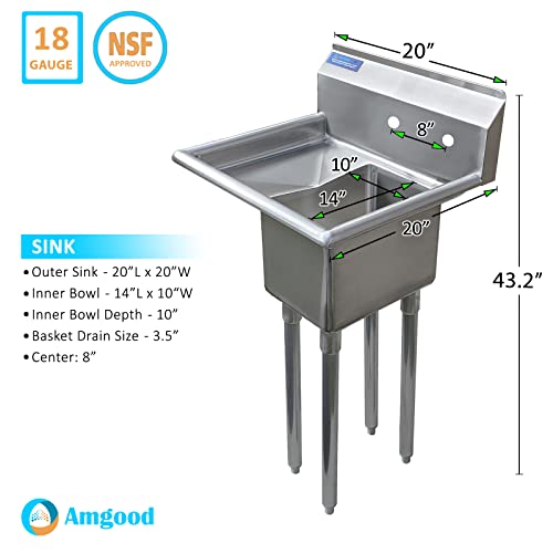 Image of AmGood Stainless Steel Prep & Utility Sink | 304 Stainless Steel | Restaurant, Kitchen, Laundry, Garage | NSF (Bowl Size: 10 inchx14 inchx10 inch + Left Drainboards)