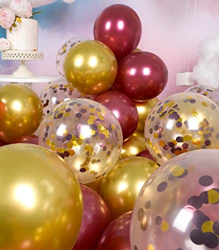 Image of Metallic Burgundy and Gold Balloons 12 Inch 67PCS Gold Maroon Shiny Confetti Balloons Latex Helium Balloon Set for Graduation Wedding Birthday Party Decorations