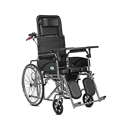 大人用モバイル 160° フルリクライニング車椅子、ハイバック手動車椅子、ハンドブレーキ付き、スチール製ベッドサイド便器、トイレとデスクトレイ付き、高齢者用バスルームシャワーチェア、220 ポンド運転用トロリー