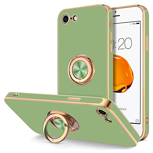 Image of Hython for iPhone SE Case 2022 /2020, iPhone 8 7 Case Ring Holder Stand Magnetic Kickstand, Plating Rose Gold Edge Soft TPU Bumper Cover Shockproof Protective Phone Cases Women Girls Boys, Light Green