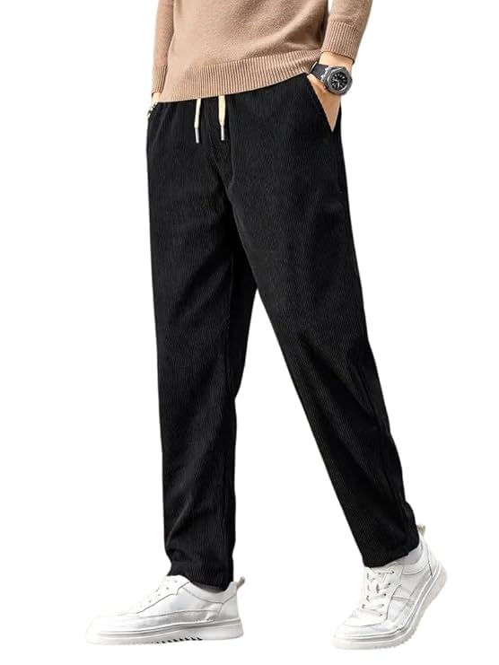 Image of BLUECORP ENTERPRISE Men's White Corduroy Casual Pants, Straight Leg, Drawstring Waist, Pockets