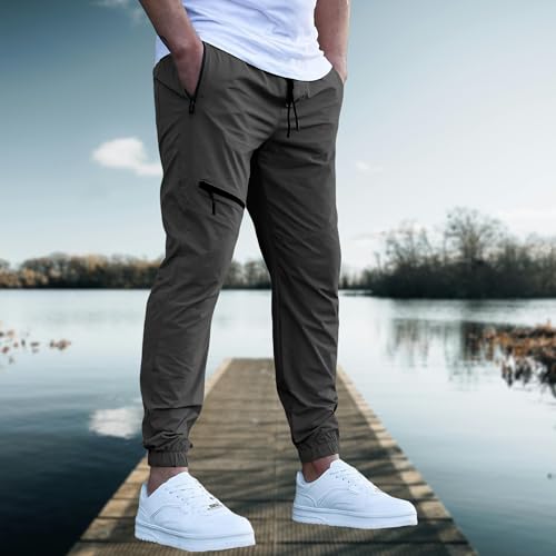Image of Men's Regular-Fit Cargo Joggers | Trendy Lightweight Track Pants with Multi Zipper Pockets & Adjustable Waist | Versatile Trousers for Exercise, Travel & Lounge Wear (in, Alpha, S, Regular, Grey)