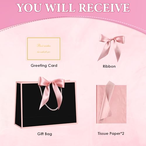Image of JMANNI Gift Bags with Handles, 13 inch Medium Gift Bag for Presents, 1 Pcs Bags with 2 Tissue Paper and 1 Cards for Baby Shower Wedding Bridal Shower Mother's Day Birthday Party (black-pink
