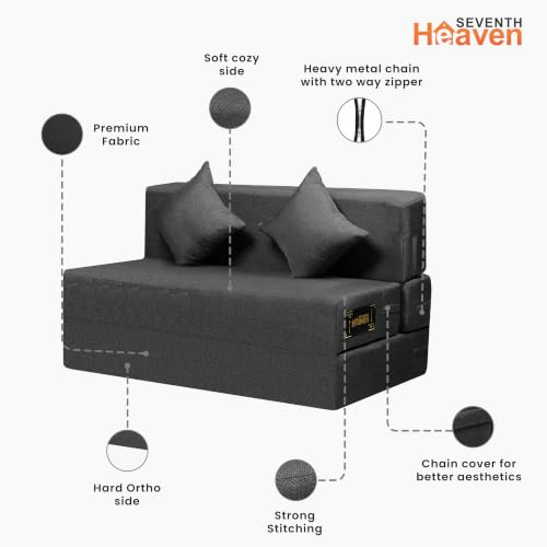 Image of Seventh Heaven Rejioce 2 Seater 4 * 6 Jute Fabric Washable Cover Sofa Cum Bed with 2 Cushions 2 Seater Double Foam Fold Out Sofa Cum Bed (Finish Color - Dark Grey Delivery Condition - Pre-Assembled)