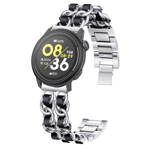 Compatible with COROS PACE Pro Bands, 20mm, 22mm Jewelry Chain Metal Wristband with Leather Compatible with COROS PACE Pro / PACE 3 / APEX 2 Pro / APEX Pro / APEX 46mm/APEX 2 / PACE 2 / APEX 42mm Smartwatch (Silver&Black, 20mm size band)