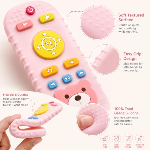 Image of CHICAGOZONE Premium Baby Silicone Teether Ring Toy - BPA Free Soft Teething Toy for Infants, Multi-Texture Sensory Chew Toy, Easy Grip Teether for Babies 3-12 Months, Cute Animal Design (Multicolor) (LIGHT PINK PANDA REMOTE MINI)
