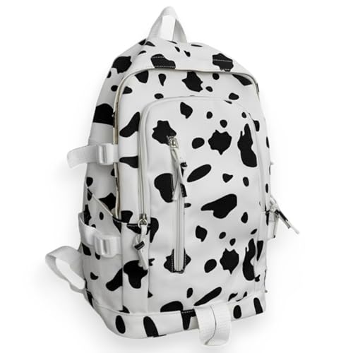 Image of Retro Animal Cow Spotted Theme Waterproof Canvas School Bag Stylish Multiple-Compartment Large Capacity Zipper Bag Lightweight Casual Daypack for Elementary, Middle & High School Students