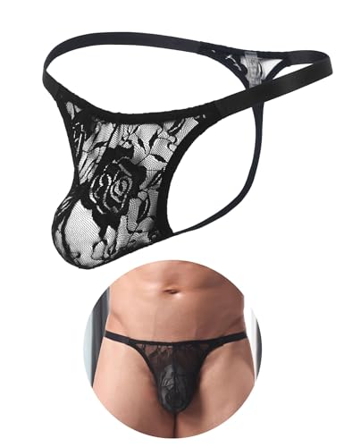 comeondear Herren String Spitze XL Mesh Unterhose Männer Slips Tanga Dünn Spitzen Unterwäsche Große Größen Mini Thong T Back Low Rise Dessous Reizwäsche Mens Underwear (Schwarz,XL)