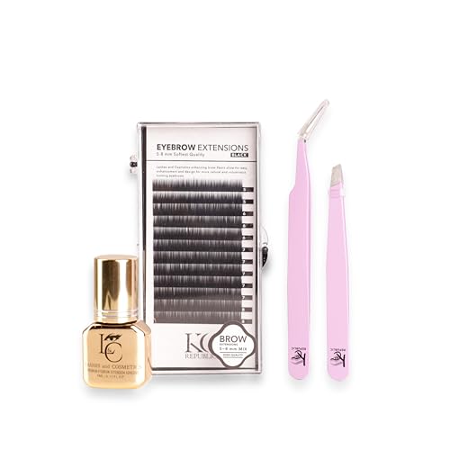 KC Republic Lash Eyebrow Extensions Kit with 1 x Trays of Mink False Eyebrows in Black Comes on Mixed Length Trays 5-8 mm, Eyebrow Glue Clear & Dual Pack (Straight & Curved Tip) Extension Tweezers