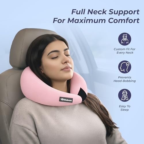 Image of Billebon Gel Infused Memory Foam Neck Pillow with Case, Travel Pillow with Adjustable Velcro Straps, Neck Pillow for Travelling & Flight Travel, Ergonomic Support for Comfort & Pain Relief (Pink)