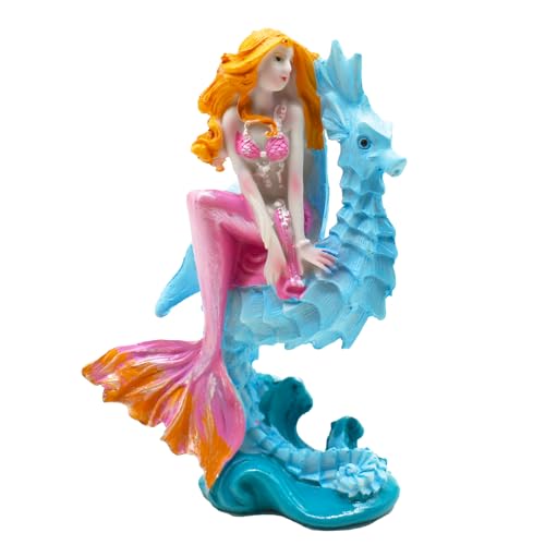 Estatua de sirena rosa con figura de caballito de mar en resina
