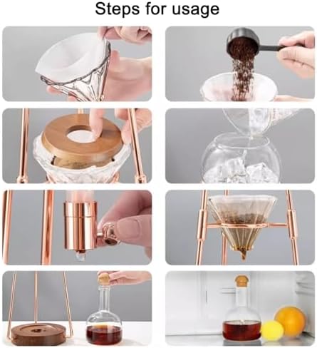 Creative Siphon Coffee Maker - Premium Cold Brew Dripper with Glass Filter & Stainless Steel Stand (Gold) - Comfortable Espresso Pot for Ice Water Brewing