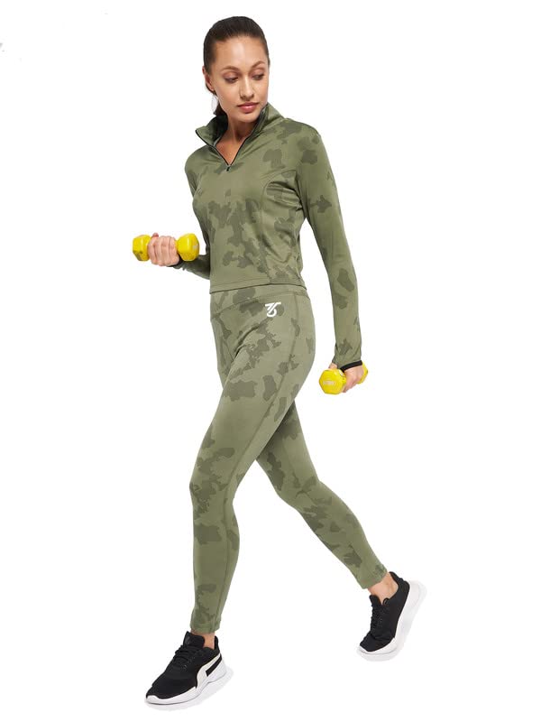 Image of THREE Women's Polyester Camo Printed Two Piece Tracksuit |1