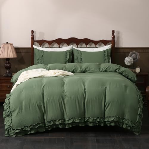 Bedorm Boho Queen Duvet Cover Olive Green Bedding Set Shabby