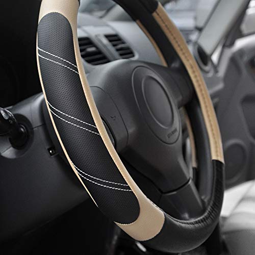Image of Elantrip Steering Wheel Cover Leather 15 1 /2 to 16 inch Universal Large Soft Grip Breathable for Car Truck SUV Jeep Anti Slip Beige