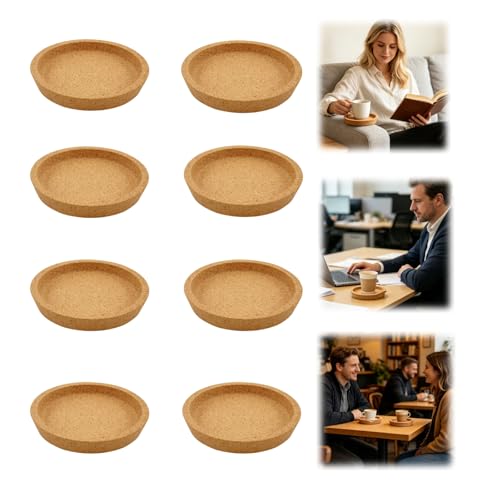 Korkuntersetzer Rund mit Rand 10cm Kork Untersetzer Absorbierende HitzebestäNdige Runde Kork Untersetzer für BüRo Küche und Esstisch Holz Matte Tischoberflächenschutz für Meisten Tassen (4)