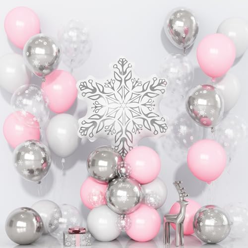 Pink and White Snowflake Balloons, Pink White Silver Balloons with Snowflake Helium Mylar Foil Winter Wonderland Balloon Kit for Girls Christmas Winter Onderland Baby Shower New Year Party Decorations