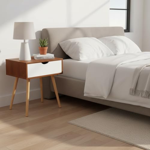 Image of Modern Bedside Table with Drawers & Wooden Legs | Compact Nightstand for Bedroom | Scandinavian Style Side Table with Storage for Home Living Room (Walnut White, 1 Drawer)