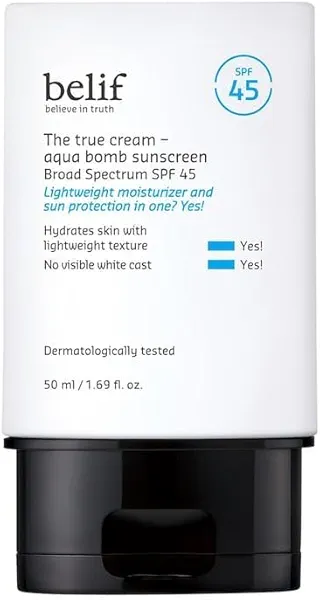 belif Aqua Bomb SPF 45 Hydrating Niacinamide Sunscreen (1.69 fl. oz) - The True Cream PA++++, Daily Broad Spectrum, No White Cast, Weightless & Invisible, Non-Greasy, Korean Skincare