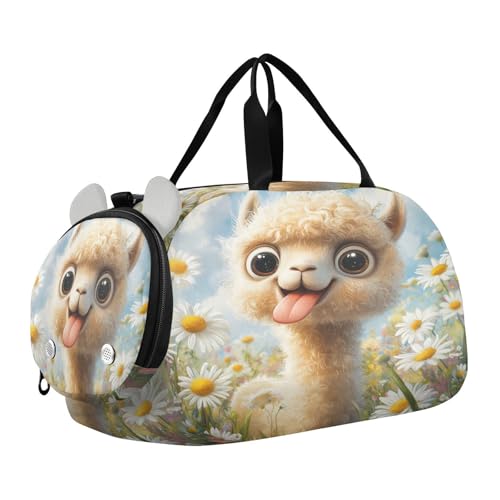 Alpaca Daisies White Kids Travel Duffel Bag for Boys Girls Overnight Weekend Tote Bag with Shoes Compartment for Gym Sports Dance