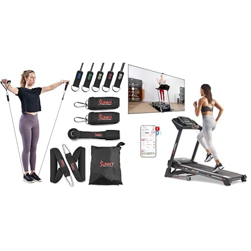 Sunny Health Fitness Resistance Band Strength Training Tube Set - NO 089-COMBO Premium Treadmill with Auto Incline -