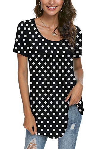 CATHY Women s Summer Short Sleeve Pleated Blouse Loose Flowy Tunic Top,XL,Polka Dot Black