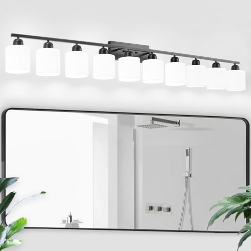 Image of 10 Light Black Vanity Lights for Giant Mirror, Bathroom Vanity Lights Over Mirror with Milky White Frosted Glass Shades,65 inch Bathroom Light Fixture for Mirrors, E26